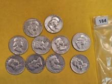 Ten silver Franklin Half Dollars