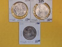 Three Brilliant Uncirculated silver Czechoslovakian coins