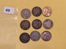 Nine fun, mixed, Indian and Wheat cents