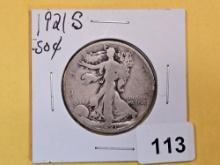 * KEY DATE 1921-S Walking Liberty half Dollar