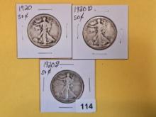 1920 P-D-S Walking Liberty Half Dollar trio