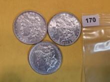 Three Morgan silver dollars