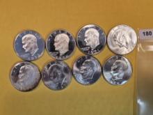 Eight GEM Proof and BU SILVER Eisenhower Dollars