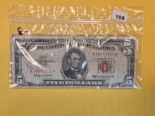 Eight $5 red Seal US Notes