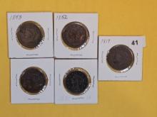 Five mixed Braided Hair and Coronet Head Large Cents