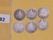 Six mixed Seated Liberty Dimes