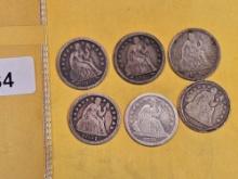 Six mixed Seated Liberty Dimes