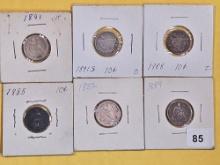 Six mixed Seated Liberty Dimes