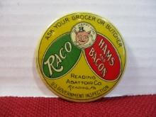 RACO Hams and Bacon Advertising Celluloid Button w/ Happy Hog Graphic Pocket Mirror