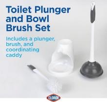 Clorox Toilet Plunger and Bowl Brush Combo Set w/Caddy, 6.75" x 7" x 19.5", White/Gray, Pk of 2