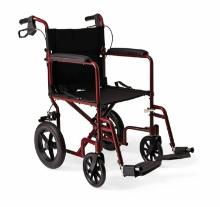 Medline Basic Aluminum Transport Wheelchair, 18"W Seat, Red Frame, Retail $230.00