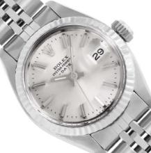 Rolex Ladies Stainless Steel Silver Index Fluted Bezel Date Wristwatch