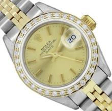 Rolex Ladies Two Tone Gold And Steel Champagne Index Diamond Bezel Date Wristwat