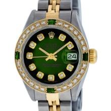 Rolex Ladies Quickset 18K Yellow Gold And Steel Green Vignette Diamond And Emera