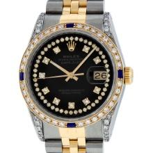 Rolex Mens Two Tone Black Diamond String Lugs And Sapphire Datejust Wristwatch