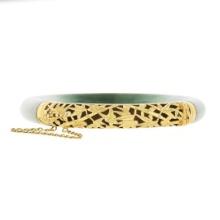 Vintage 18k Gold GIA Arc Shape Green & White Jade w/ Open Work Bangle Bracelet