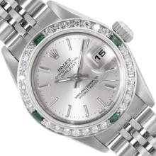 Rolex Ladies Quickset Sapphire Stainless Steel Silver Index Dial 18K Gold And Em