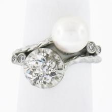 Antique Platinum 1.50 ctw GIA European Diamond Cultured Pearl Textured Bypass Ri