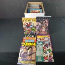 Box of various comic books Heroes Fantastic Firsts JLA Doc Savage Harsh Realm more