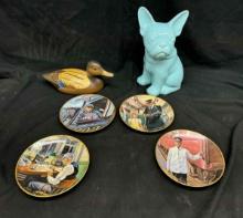 Railroad Train Collector Plates, Bulldog Cookie Jar, Wooden Duck Decoy