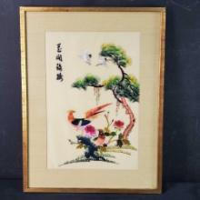 Framed Japanese silk embroidery of birds/trees