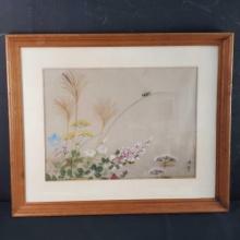 Framed vintage silk Japanese artwork grasshopper/ flowers