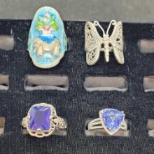 (4) Silver Rings Enamel Elephant Butterflies Blue Stones