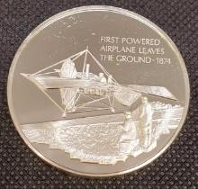 History of Flight Sterling Silver 92% Silver Coin 1st Powered Airplane Leaves The Ground 1874