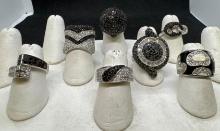 7 Stunning 925 Silver Rings With Black and Clear Stones 56.0 Grams