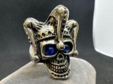 Stainless Steel Blue Eye Joker Skull Ring 17.92 Grams Size 8