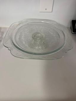 glass lazy Susan and glass cake stand