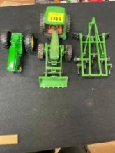 2 John Deer Tractor Toys and 1 Implement Toy
