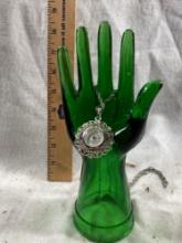 Vintage Green Glass Ring Holder With Clock Necklace