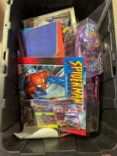 Tub full of Action Figure Backing Cards, comics and Misc