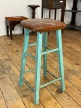 25" Hand painted wood kitchen stool w/ brown leather seat