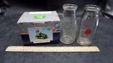Enesco Collectible John Deere Salt And Pepper & 2 Glass Milk Bottles
