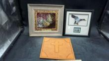 2 Framed Pictures (One Is Tripp , So. Dak.) & Leather Cross Piece