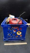 Blue Plastic Crate, Gas Can, Tire Iron, Measuring Tape