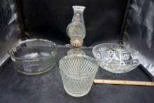 Oil Lamp, Glass Vase & Glass Bowls