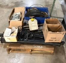Pallet of Misc. Parts for Dump Trailers - Hydraulic Rams, Remote Controls for Winch, New Tarp, etc.