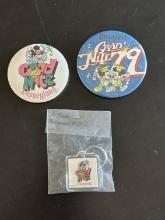 2 Large Grad Night Buttons Disneyland 1979 & 1990 and a Key Chain 1990 Grad Night Acrylic