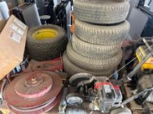 Hose/Reel, 5 Small Trailer Tires & edged Trimmer