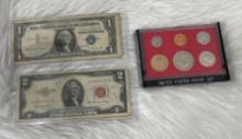 United States Proof Set Coins, $2 and 1$ Bills