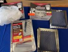 BOXES OF PAINT STRAINERS, ROLLER KIT, AND BUCKET GRIDS