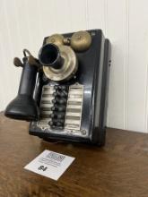 Unusual 12 station metal wall apartment style wall telephone with strange receiver