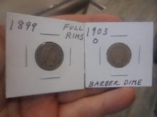 1899 & 1903 O Mint Silver Barber Dimes