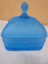 Vintage Indiana Tiara Frosted Blue Honey Bee Hive Covered Candy Dish