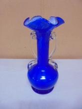 Beautiful Blue Art Glass Double Handle Fluted Vase