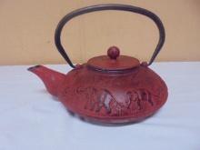 Red Cast Iron Teapot w/ Elephants & Loose Leaf Tea Infuser