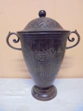 Large Ornate Metal Double Handled Covered Urn